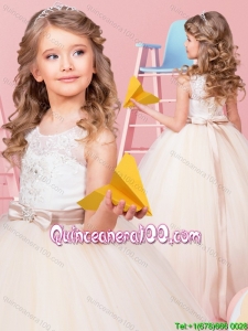 Exclusive Lace Up Champagne Flower Girl Dress with Appliques and Bowknot