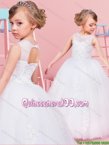Simple See Through Lace Up Flower Girl Dress with Beading and Lace Appliques