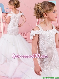 Discount Off the Shoulder Laced Bodice Little Girl Pageant Dress with Removable Train