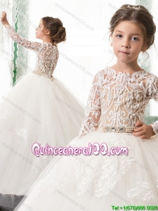 Fashionable Brush Train Laced White Little Girl Pageant Dress with Long Sleeves