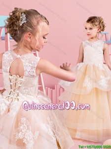 Modest Scoop Tulle Champagne Little Girl Pageant Dress with Ruffles and Lace