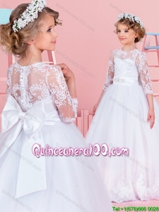 New Style Three Fourth Length Brush Train Lace Flower Girl Dress with Bowknot and Belt