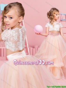 Popular Two Piece Short Sleeves Little Girl Pageant Dress with Ruffles and Lace