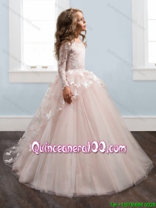 Beautiful See Through Long Sleeves Laced Little Girl Pageant Dress with Brush Train