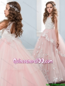 Latest Open Back Beaded and Applique Tulle Baby Pink Little Girl Pageant Dress