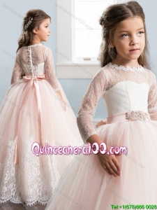 Cute Laced Baby Pink Little Girl Pageant Dress with Three Fourth Length Sleeves