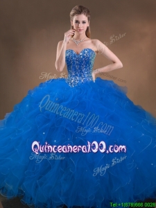 Perfect Big Puffy Beaded and Ruffled Best Quinceanera Dresses in Blue