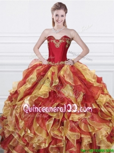 Romantic Applique and Ruffled Organza 2016 Quinceanera Dress in Red and Yellow
