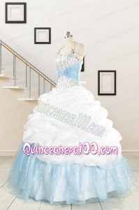 2015 Pretty Halter White and Blue Quinceanera Dress with Beading
