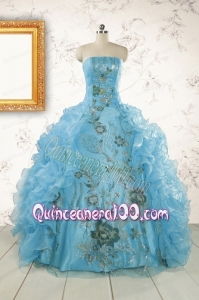 2015 New Style Ruffles Embroidery Strapless Quinceanera Dresses in Baby Blue