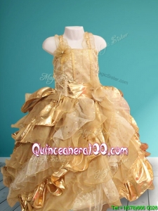 Exquisite Straps Gold Little Girl Pageant Dress with Hand Made Flowers and Sequins