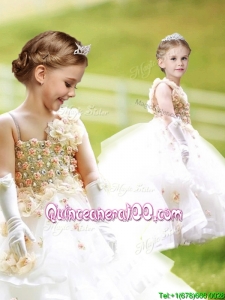 Gorgeous Asymmetrical Neckline Flower Girl Dress with Hand Made Flowers and Ruffled Layers