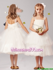 Simple Straps Applique and Ruffled Layers Flower Girl Dress in White