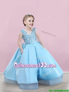 Elegant V Neck Applique Little Girl Pageant Dress in Baby Blue