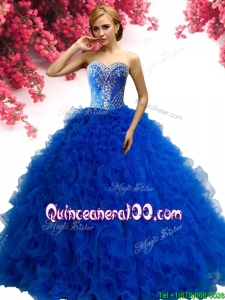 Cheap Beaded and Ruffled Tulle Quinceanera Dress in Royal Blue