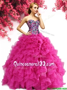 Elegant Hot Pink Big Puffy Quinceanera Dress with Ruffles and Beading