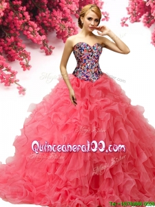 Perfect Big Puffy Coral Red Quinceanera Dress with Beading and Ruffles