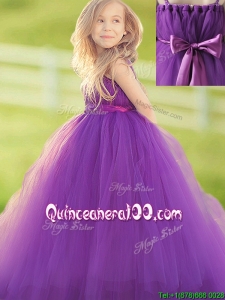 Classical Handcrafted Flower and Bowknot Flower Girl Dress in Eggplant Purple