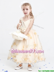 Lovely Applique and Bowknot Ankle Length Flower Girl Dress in Champagne