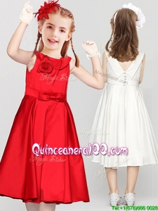 New Style Bowknot Button Up Red Flower Girl Dress in Tea Length