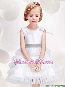 Low Price Ruffled Layers and Bowknot Scoop White Flower Girl Dress in White