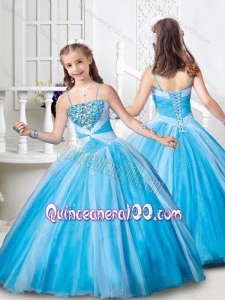 Latest Spaghetti Straps Beaded Little Girl Pageant Dresses in Baby Blue