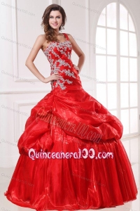 One Shoulder Red Organza Long Quinceanera Dress with Appliques