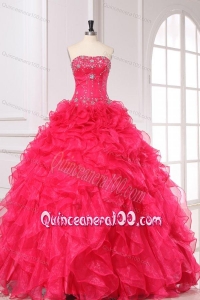 QUN0FFQD093Beading and Ruffles Strapless Organza Quinceanera Dress in Coral Red