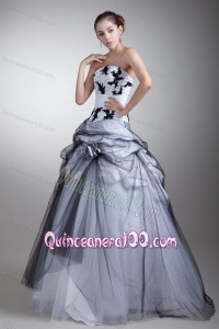White and Black Strapless Appliques and Flowers Quinceanera Dress