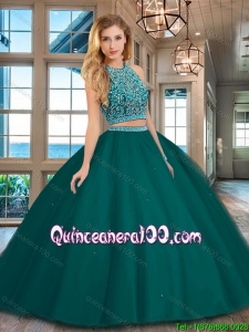 Cheap Two Piece Dark Green Open Back Tulle Quinceanera Dress with Beading