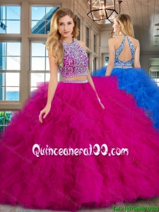 Exclusive Two Piece Ruffled Beaded Bodice Tulle Quinceanera Dress in Fuchsia