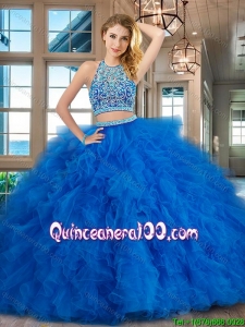 Latest Scoop Blue Brush Train Quinceanera Dress with Ruffles and Beading