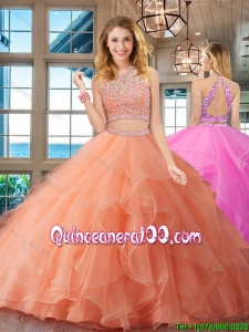 Luxurious Beaded Bodice and Ruffled Peach Quinceanera Dress with Brush Train