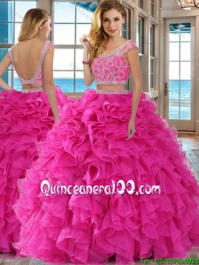 Two Piece Ball Gown Scoop Organza Ruffled and Beaded Cap Sleeves Backless Quinceanera Dresses in Hot Pink