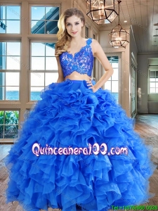 Wonderful Zipper Up Organza Blue Quinceanera Dress with Ruffles and Lace