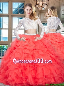 Modest See Through Scoop Two Piece Quinceanera Dress with Ruffles and Lace