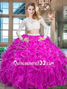 Popular Two Piece Long Sleeves Zipper Up Quinceanera Dress in Fuchsia