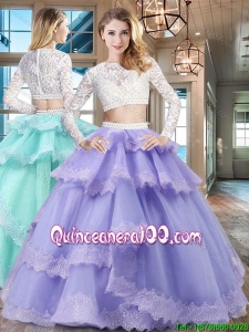 New Style Two Piece Scoop Lavender Quinceanera Dress in Tulle and Lace
