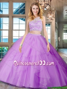 Best See Through Scoop Beaded Bodice and Ruffled Quinceanera Gown in Lilac
