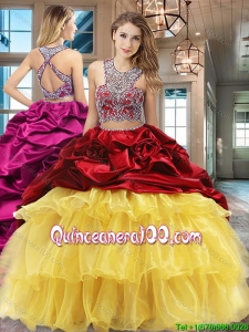 Pretty Ruffled Layers Wine Red and Yellow Quinceanera Dress with Brush Train