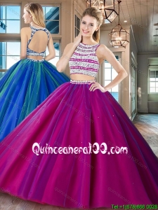 Romantic Two Piece Beaded Bodice Open Back Fuchsia Quinceanera Dress in Tulle