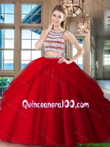 Wonderful Tulle Beaded and Bubble Open Back Quinceanera Dress in Red