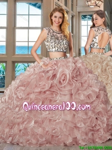 Beautiful See Through Brush Train Ruffled Quinceanera Dress with Cap Sleeves