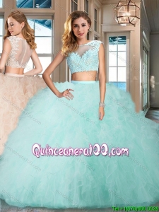 Discount Two Piece Tulle Aquamarine Quinceanera Dress with Ruffles and Appliques