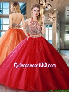 Exquisite Two Piece Red Backless Tulle Quinceanera Dress with Beaded Bodice