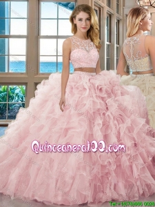 Fashionable Ball Gown Scoop Brush Train Baby Pink Two Piece Quinceanera Dresses with Beading and Ruffles