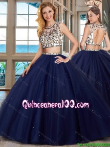 Popular Two Piece Brush Train Beaded Quinceanera Dress in Navy Blue