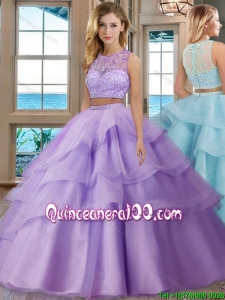 See Through Scoop Brush Train Tulle Aqua Blue Two Piece Quinceanera Dresses with Beading and Appliques