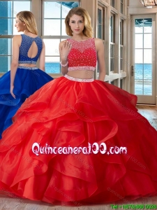 Simple Ball Gown Scoop Open Back Organza Red Quinceanera Dresses with Beading