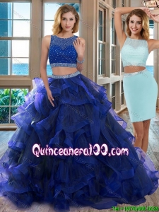 Two Piece Scoop Open Back Royal Blue Detachable Quinceanera Dresses with Beading